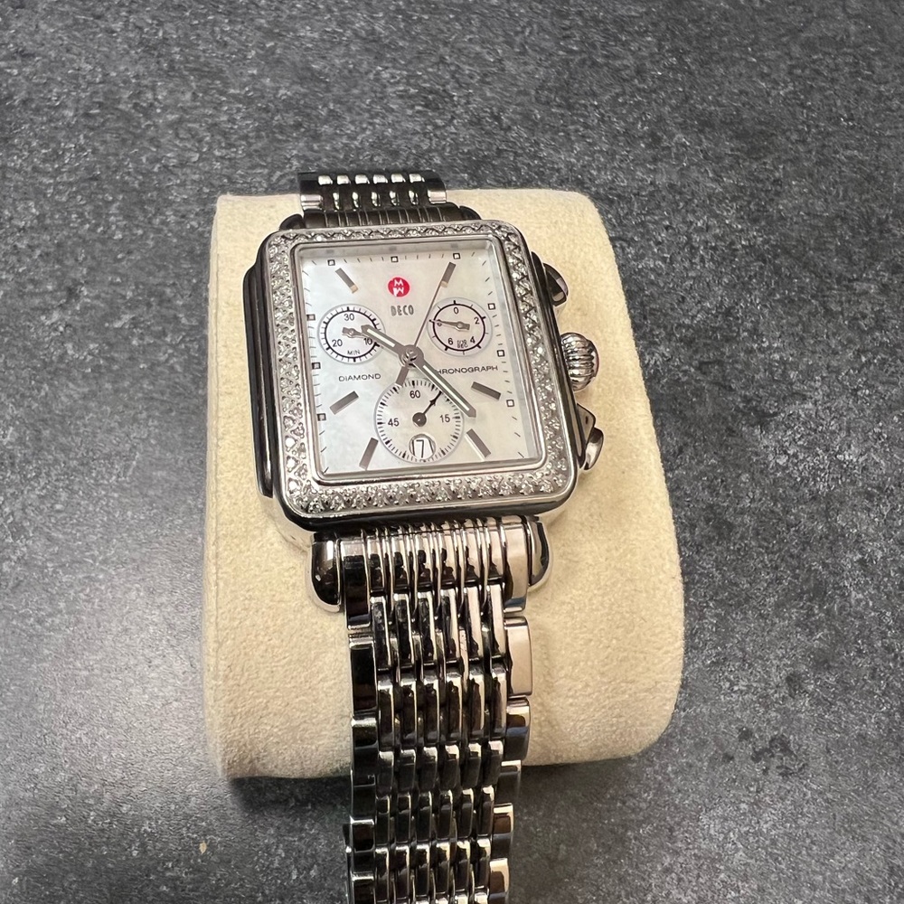 White gold diamond Michele watch square face